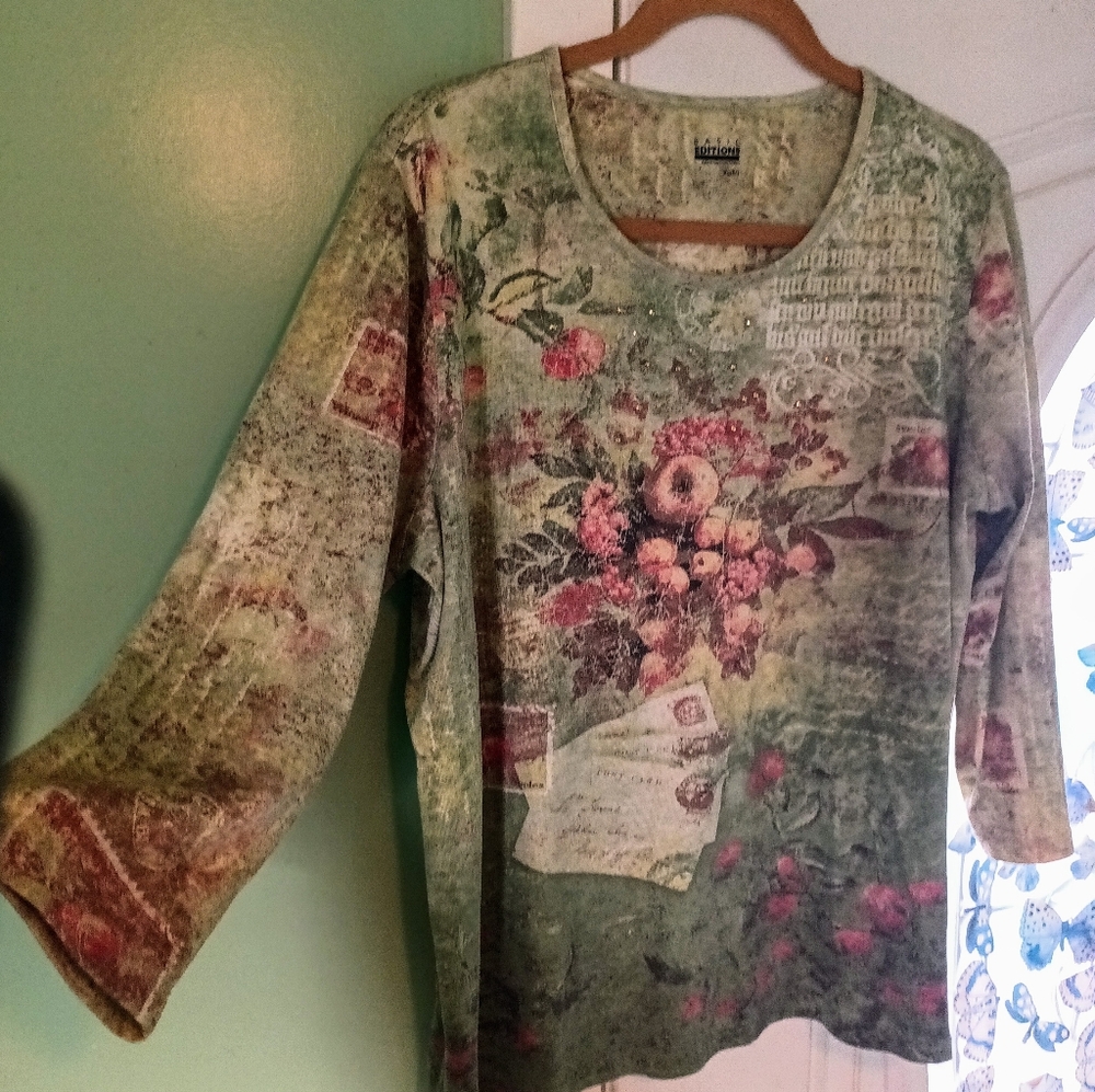 Basic Editions Green Floral Print Long Sleeve Blouse - Picture 2 of 13